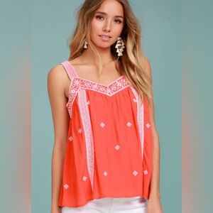 Moon River Day Trip Coral Orange Embroidered Sleeveless Top